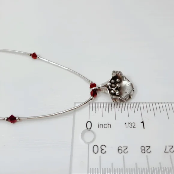 Southwestern Sterling Squash Blossom Liquid Silver Red Crystal Bead Necklace 16" - Picture 10 of 14